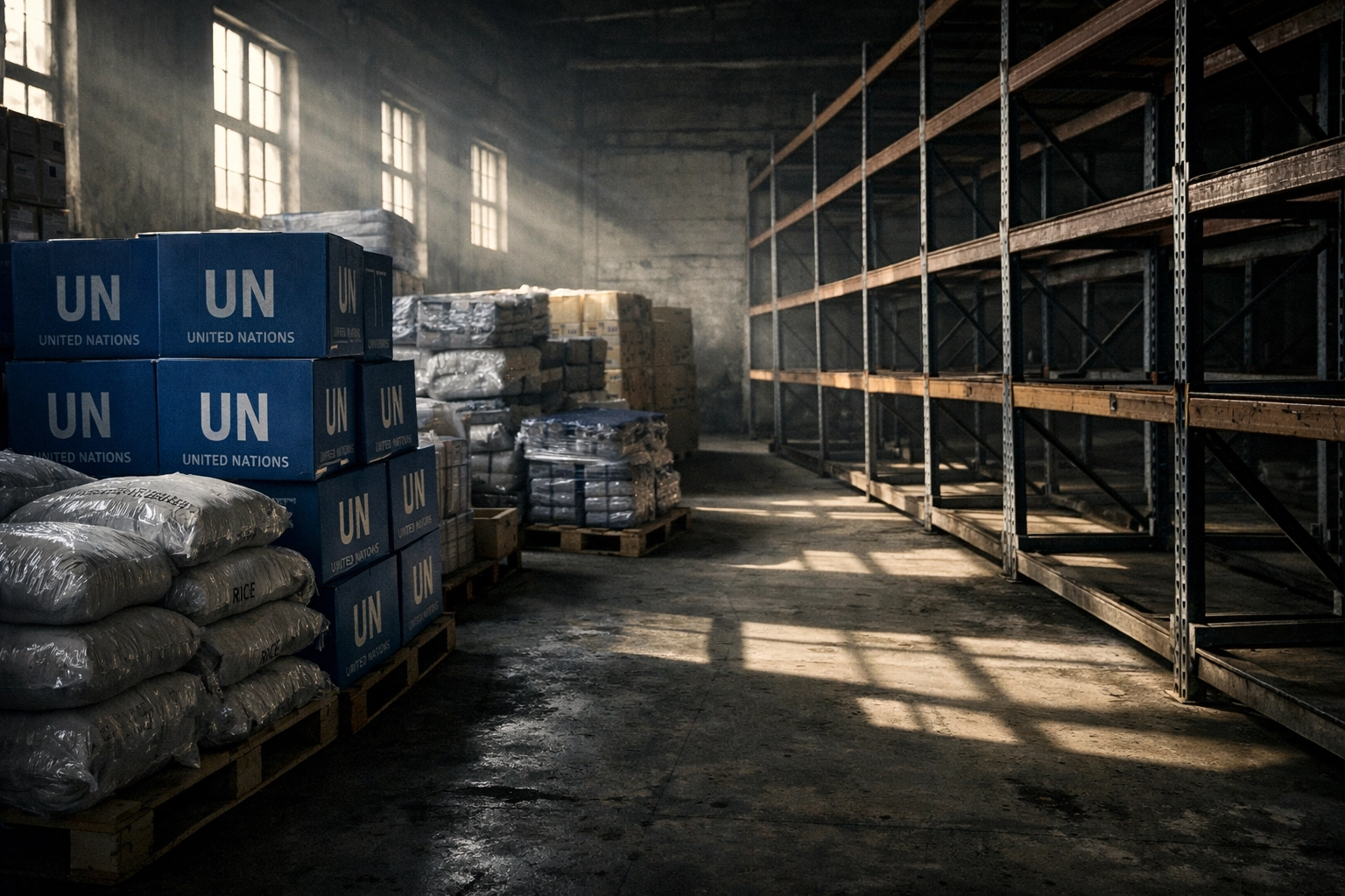 UN humanitarian aid warehouse showing relief supplies for Sudan crisis appeal