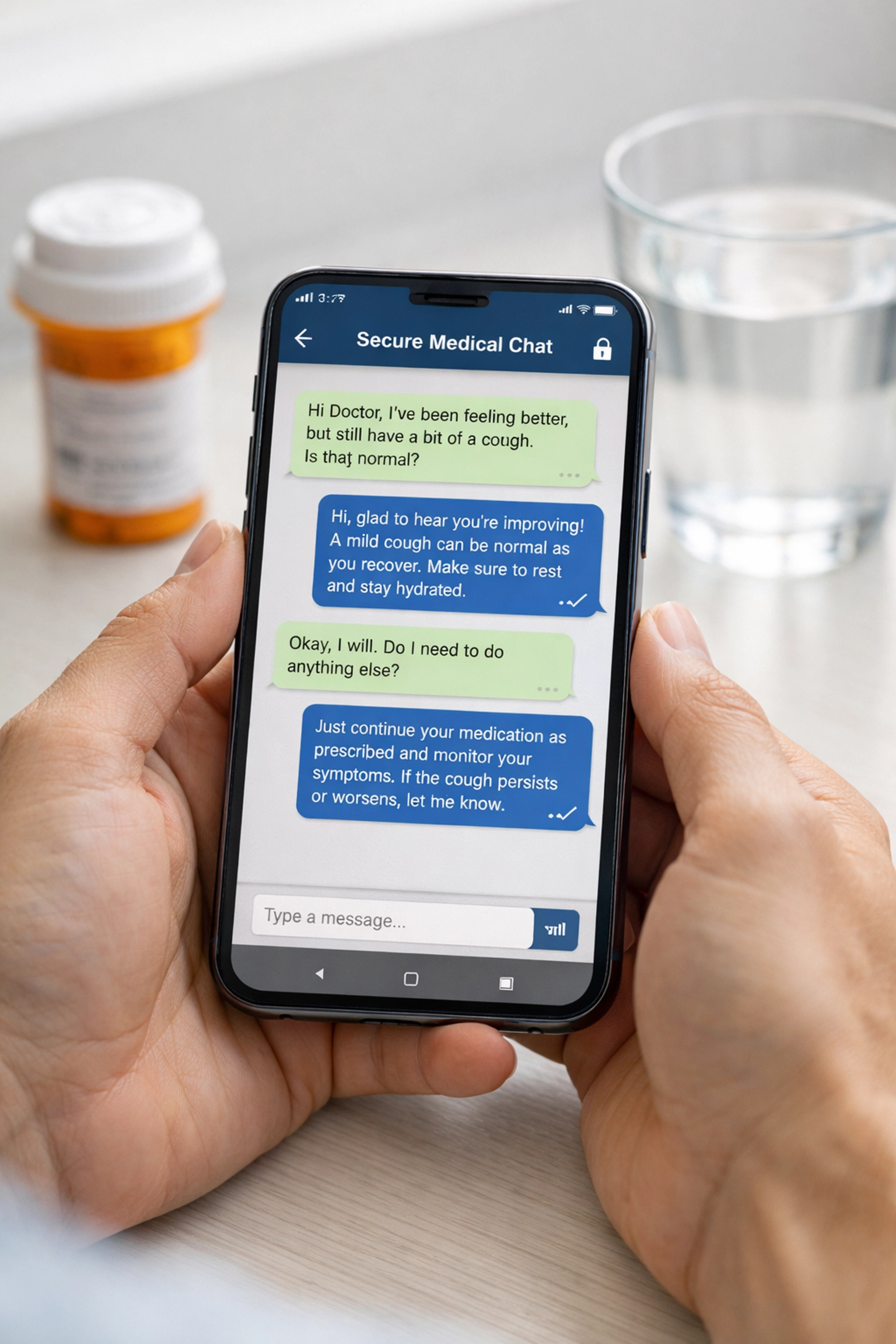 Secure medical messaging on smartphone showing doctor-patient text conversation and prescription