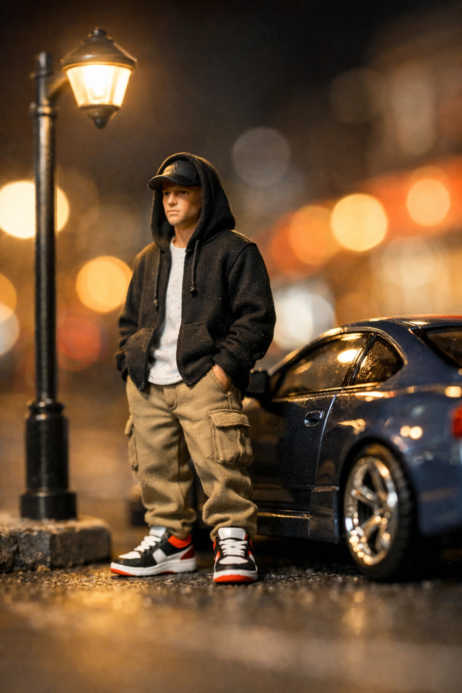 Hyper-realistic 1/64 scale miniature figure standing next to a diecast car in a street scene.