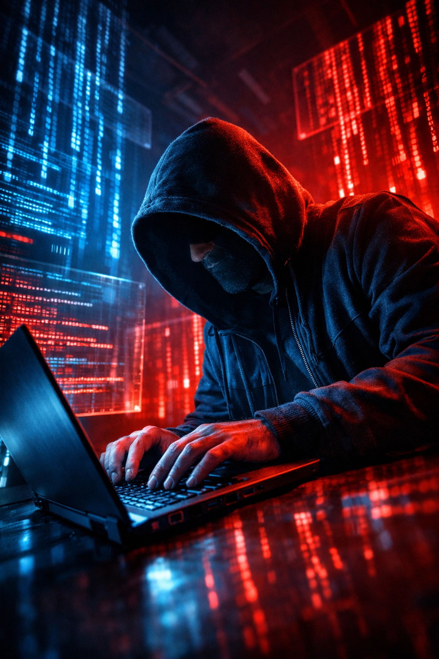 Cybercriminal hacker typing code representing modern phishing and ransomware threats