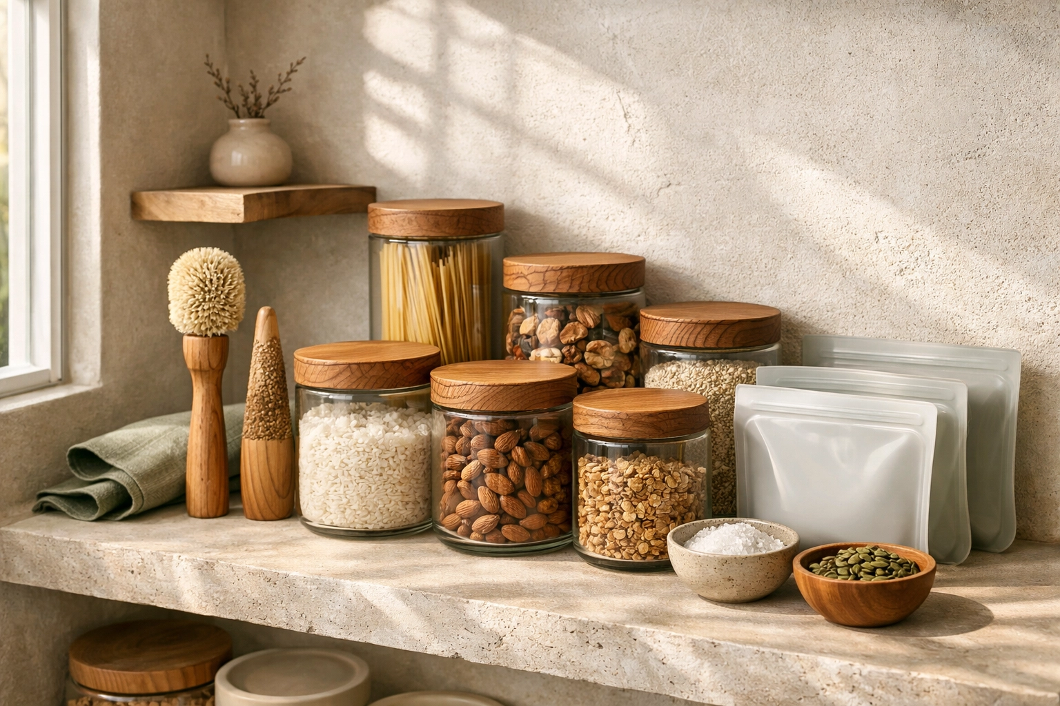 Minimalist zero-waste kitchen pantry featuring sustainable glass containers and eco-friendly storage solutions.