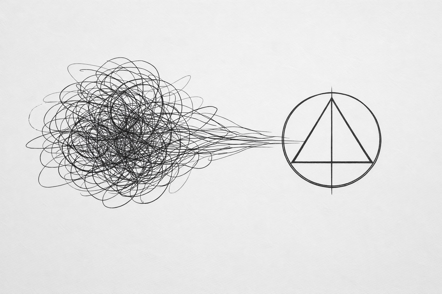 Strategic line drawing of chaotic scribbles transforming into a balanced geometric shape for brand clarity.