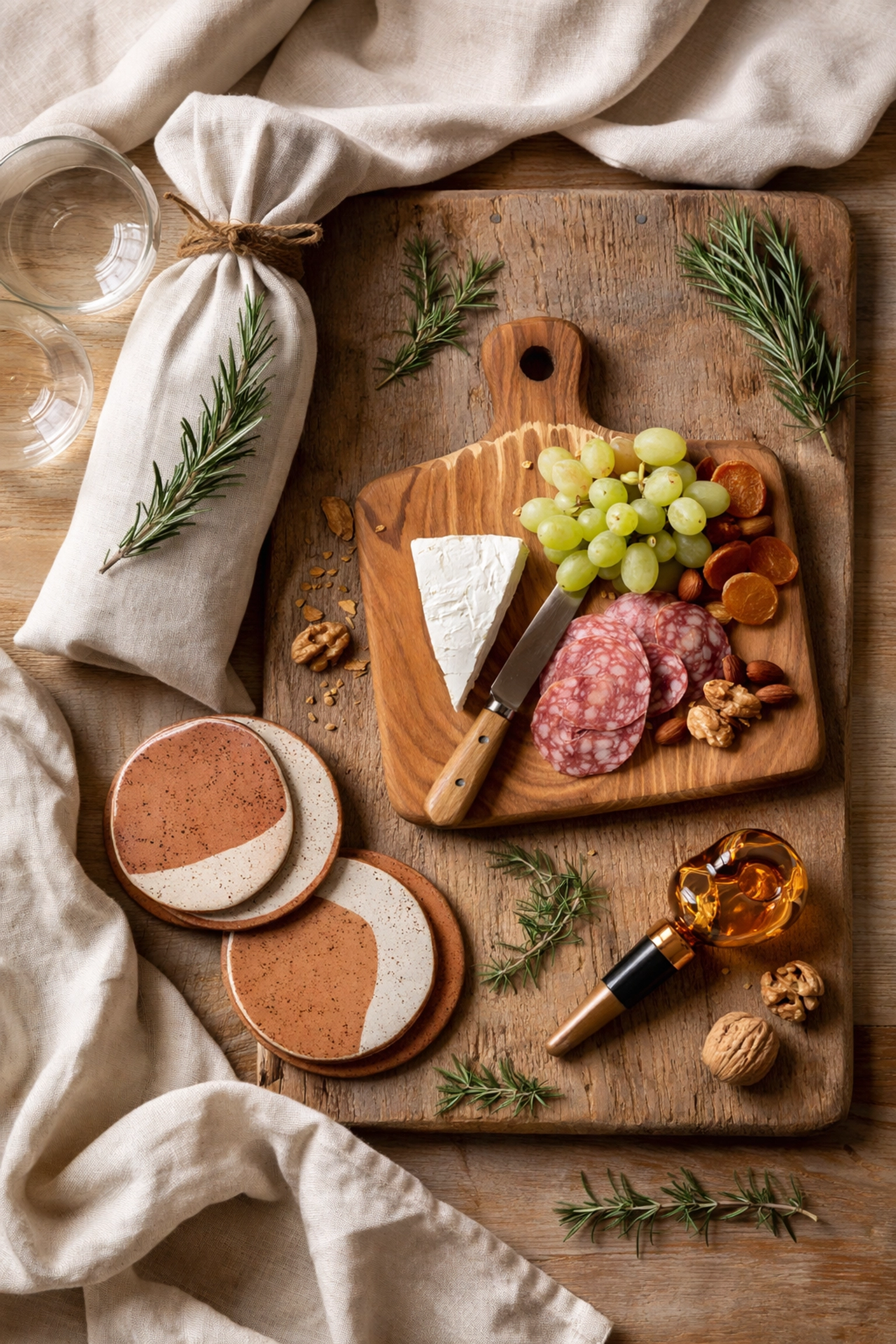 Handcrafted cheese tray, artisan coasters, and wine gift set displayed for unique entertaining gift ideas