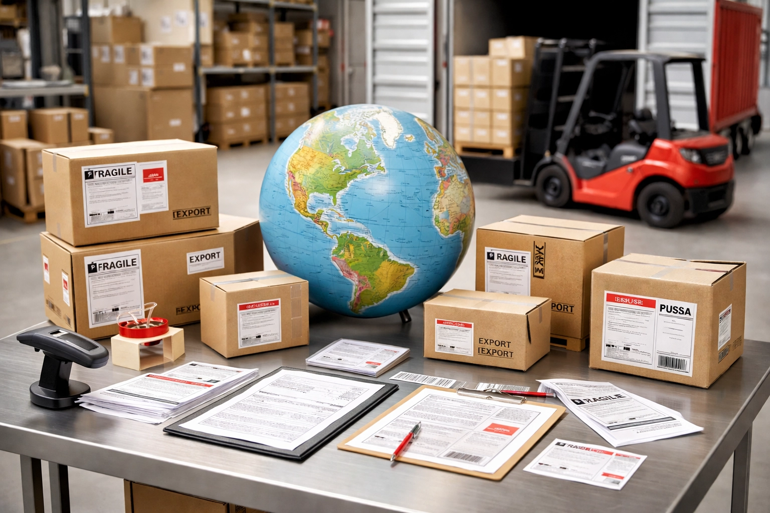 International shipping preparation area in Hertford with parcels, documentation, and forklift, ready for global distribution.