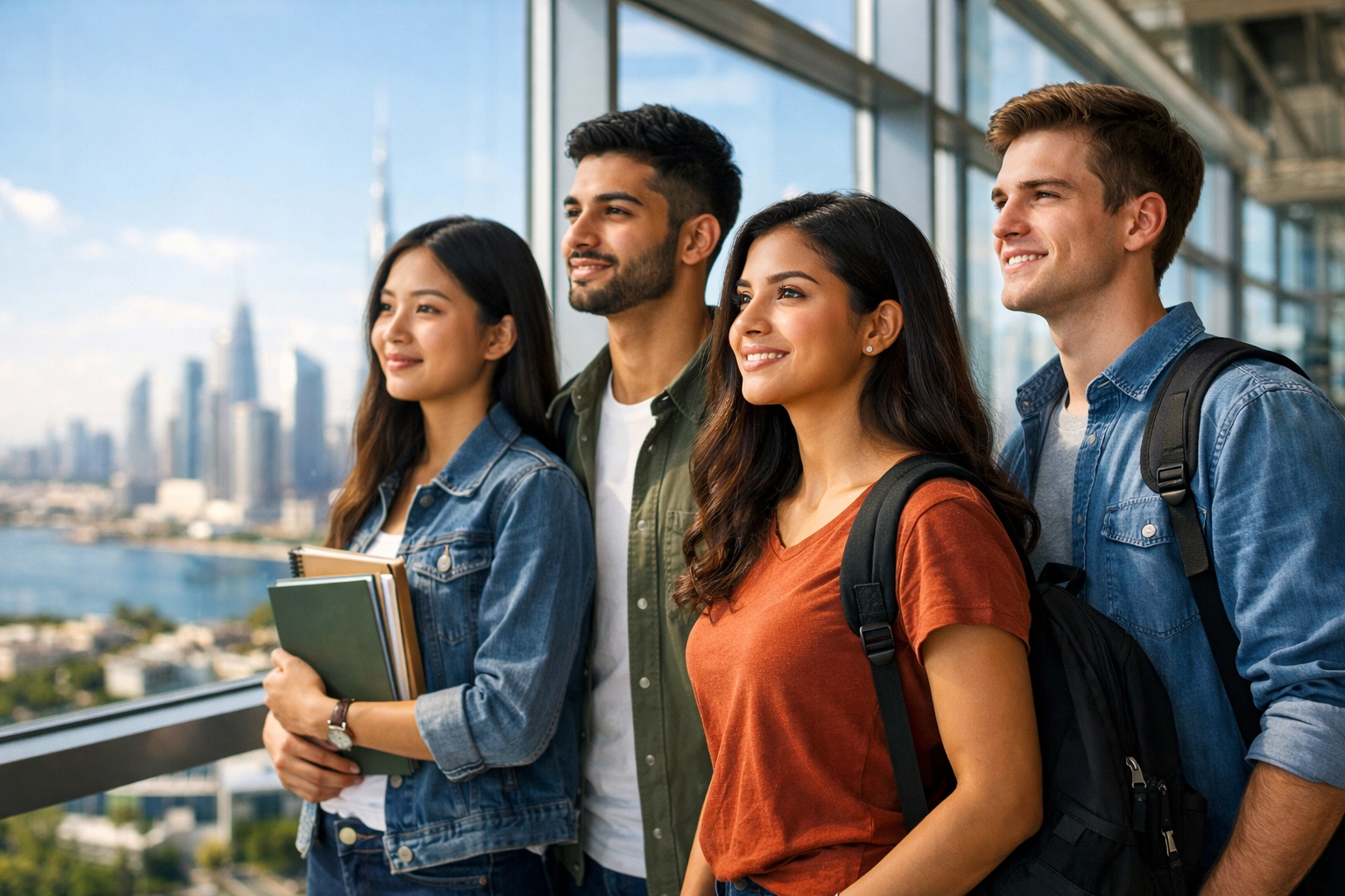 Diverse students viewing a cityscape, symbolizing global leadership through multilingual education.