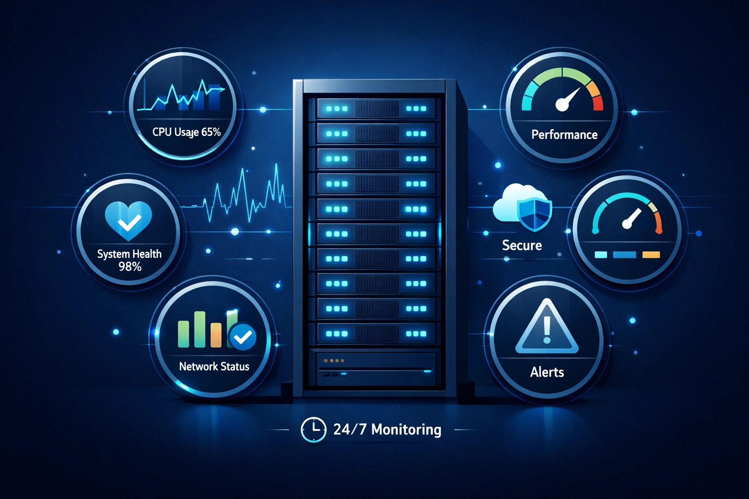 Server room with 24/7 monitoring systems displaying real-time health metrics and status indicators