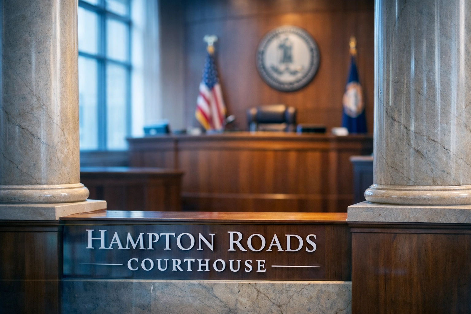Hampton Roads courthouse interior showing judge's bench and marble columns for divorce cases