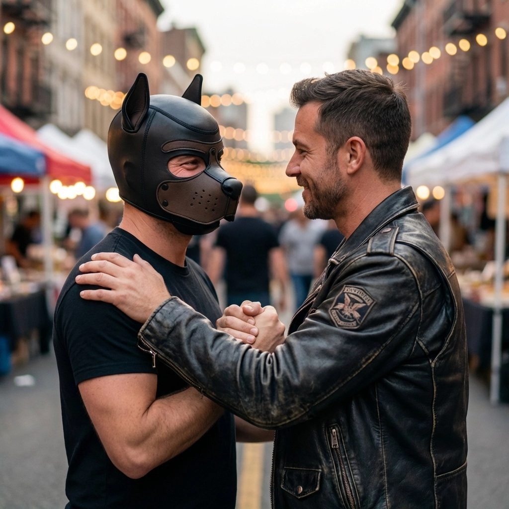 Gay men in leather and a pup hood sharing an affectionate moment of kinship at the Folsom Street Fair.