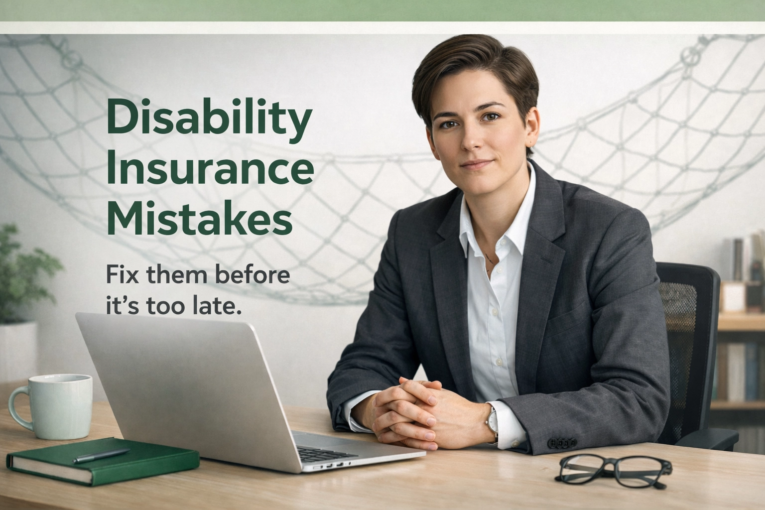 Lead image: Professional reviewing disability insurance options with a protective safety-net/anchor concept in the background.