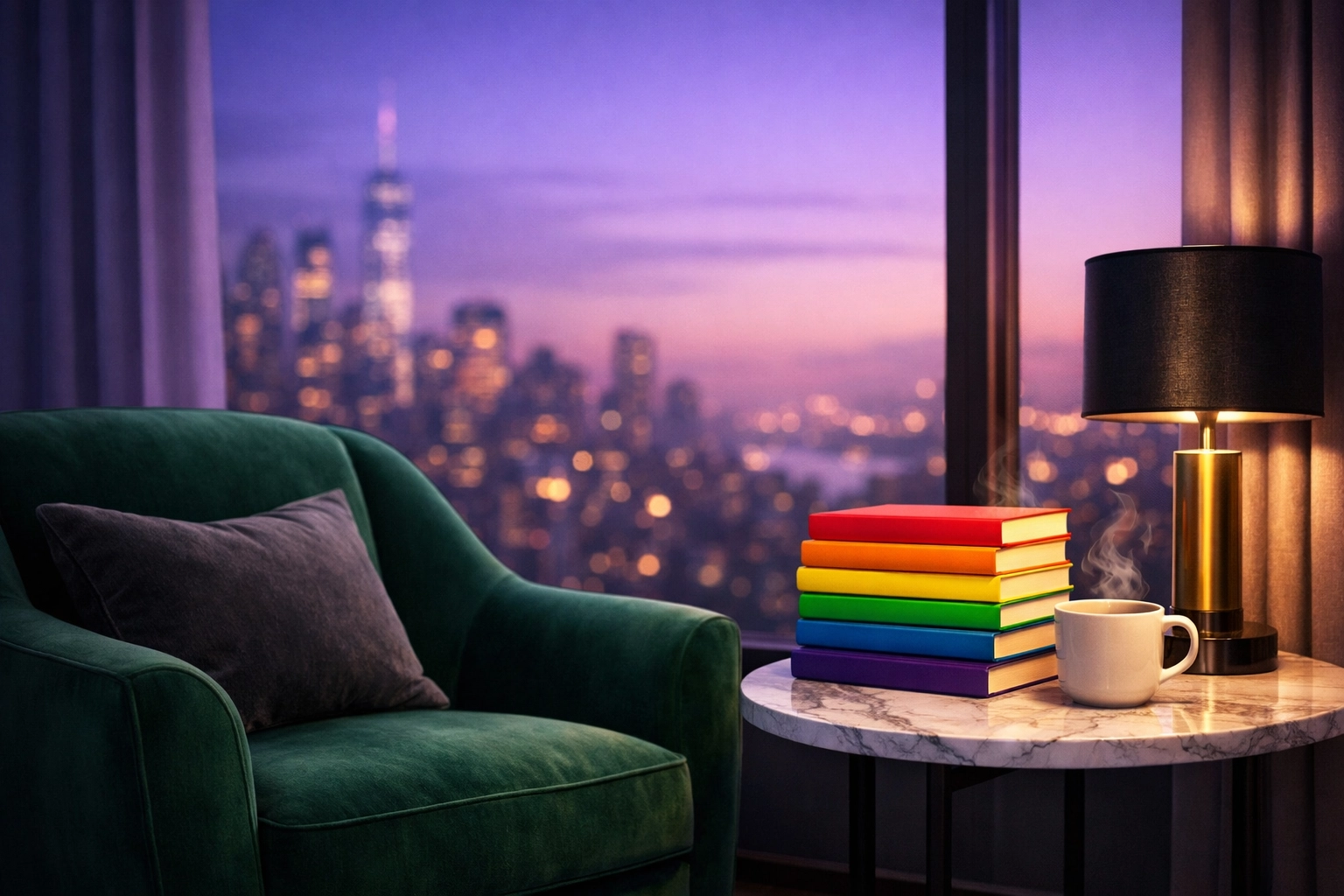 A peaceful reading corner featuring a plush armchair and a stack of vibrant MM romance novels by a window.