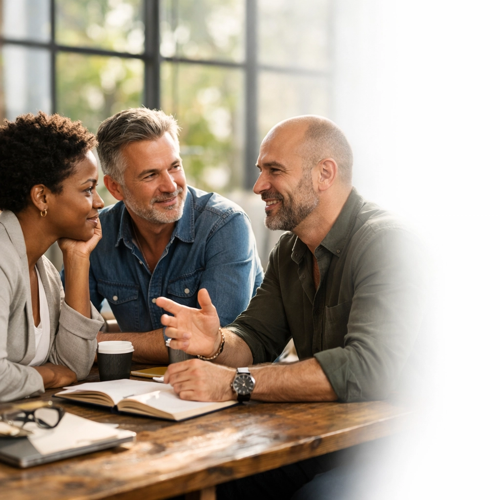 Entrepreneurs in a sober mastermind group discussing business growth triggers in a supportive studio setting.