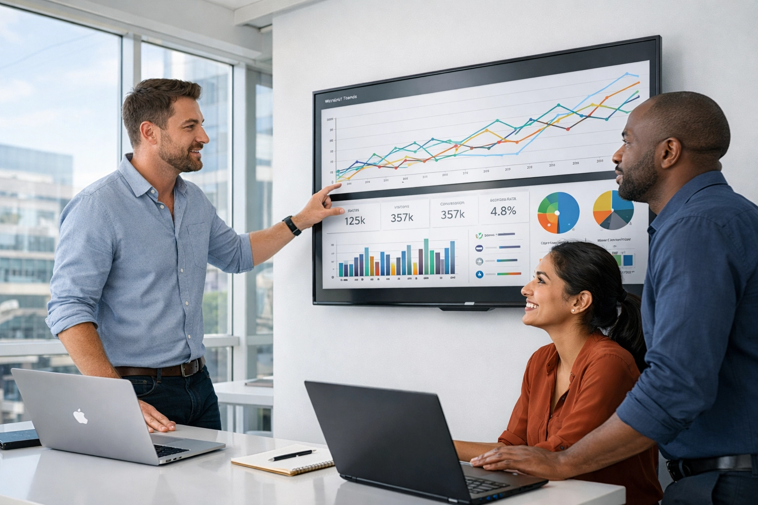 IT consultants reviewing integrated ServiceNow ITAM and sustainable IT data on a modern dashboard.