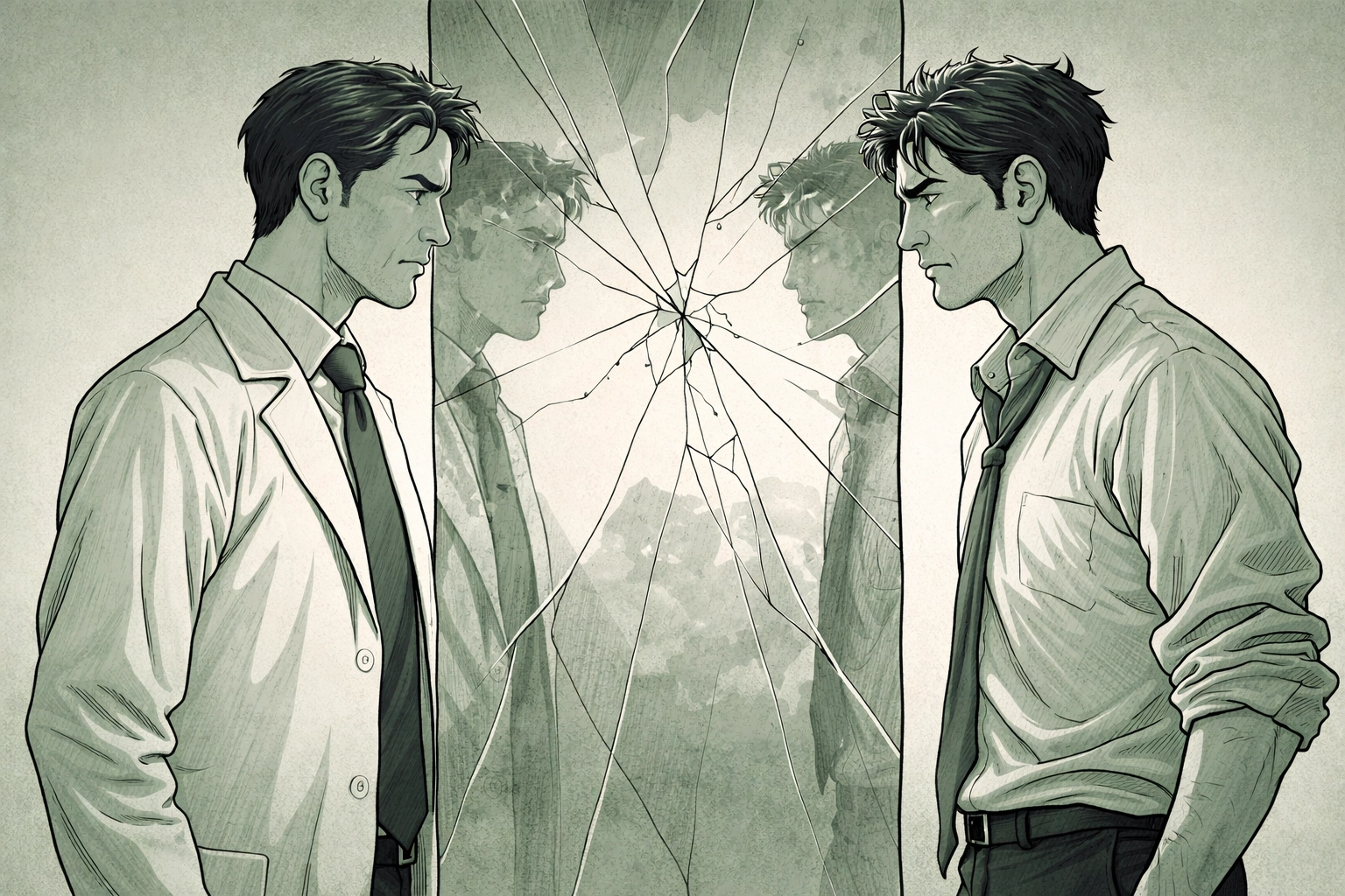 Two men face off in a tense psychological standoff, reflecting the duel between perfection and humanity in The Aestheticist