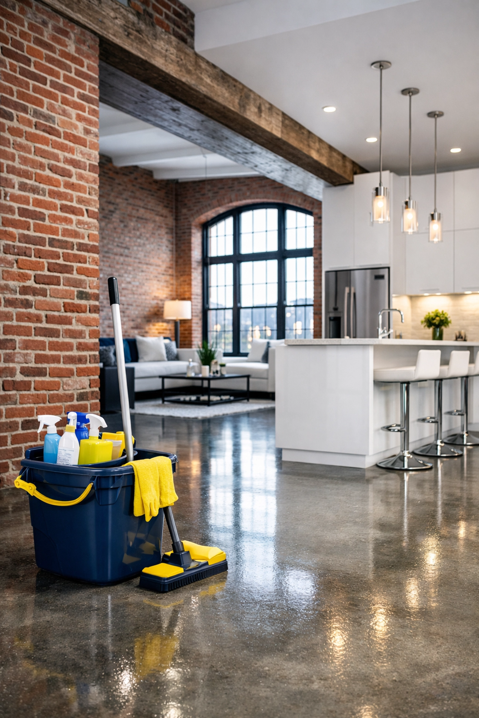 Professional post-construction cleaning in a Lowell mill loft featuring polished floors and exposed brick.