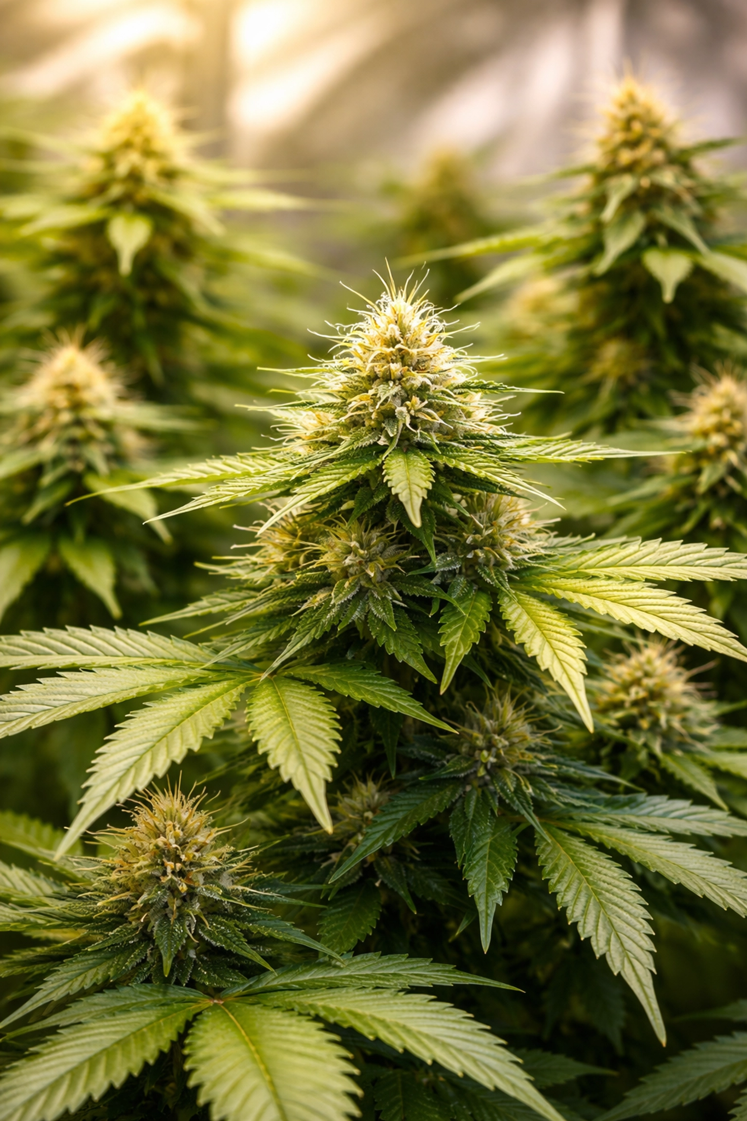 Healthy cannabis plants in mid-flowering stage with lush green leaves and developing buds, demonstrating optimal calcium use.