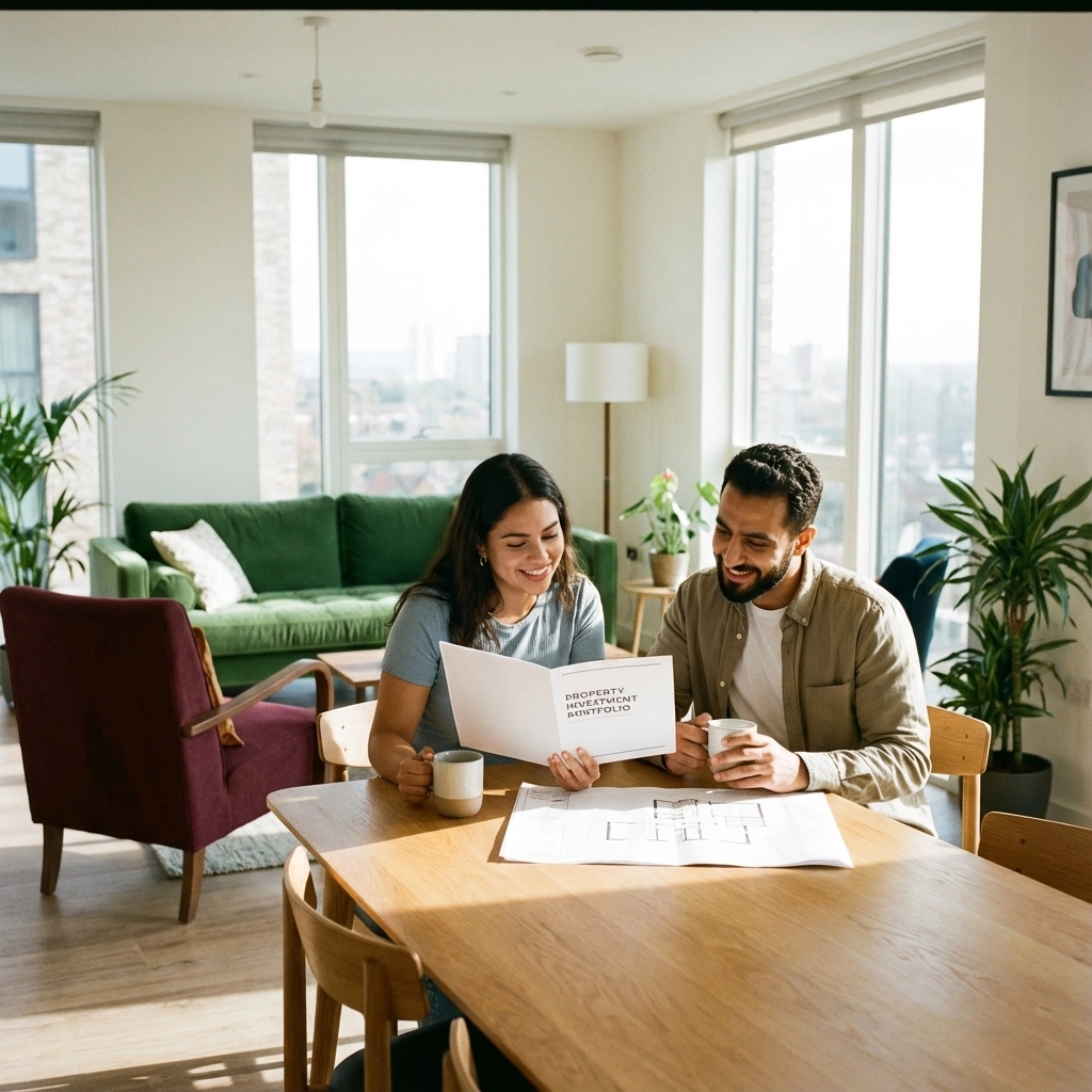 A smiling couple reviews a document titled "Property Refutent Portfolio" over coffee in a bright living room with plants and modern furniture.