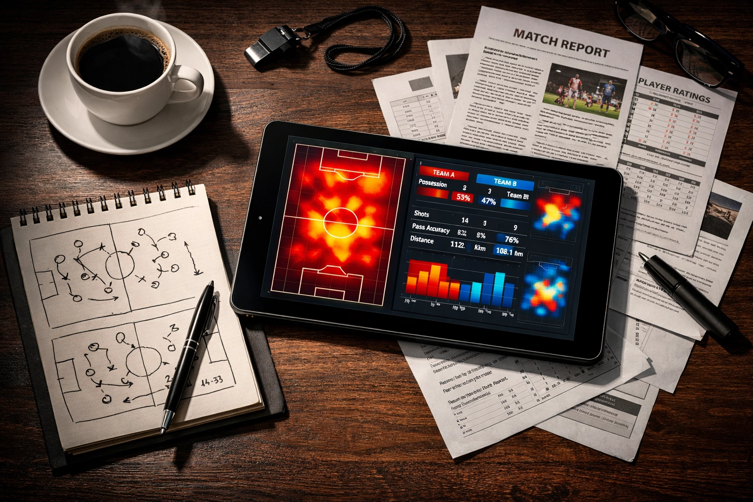 Sportwetten Analyse Schreibtisch mit Statistiken Heat Maps und taktischen Notizen