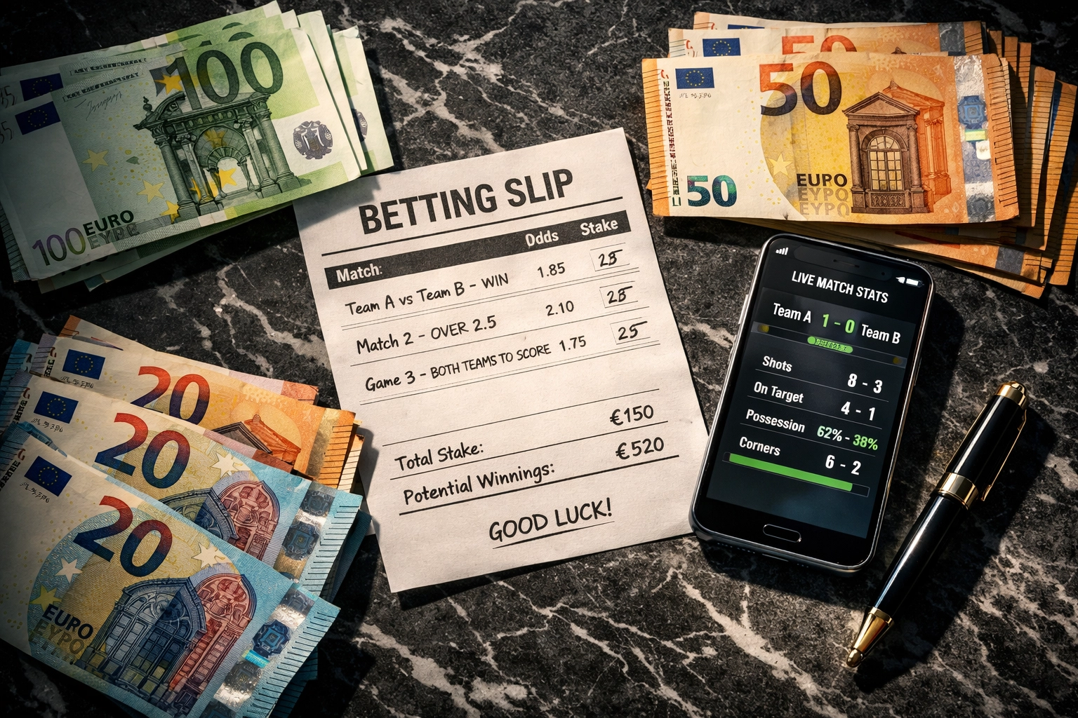 Wettschein mit Euro-Banknoten und Smartphone für Asian Handicap Wettstrategie