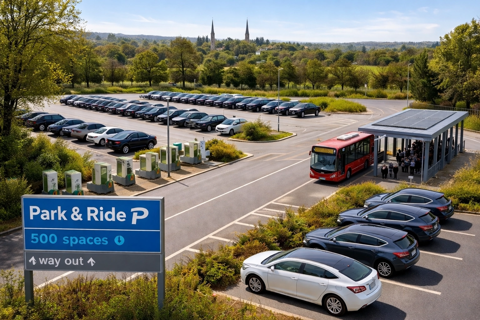Aerial view of Stratford-upon-Avon Park and Ride with parked cars, EV chargers, and shuttle bus, offering convenient parking options near the town.