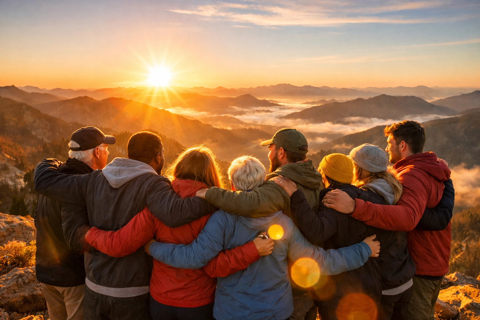 Diverse group celebrating breakthrough together on mountaintop at sunrise
