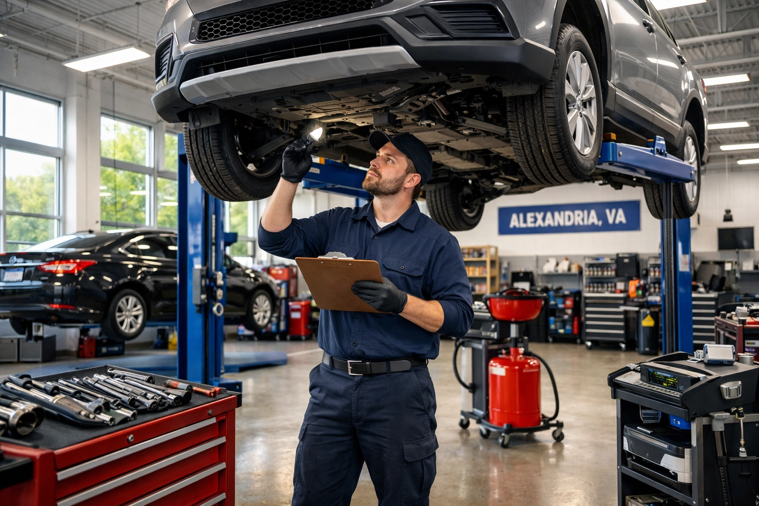 Professional technician performing a vehicle inspection at a modern auto repair shop in Alexandria, VA.