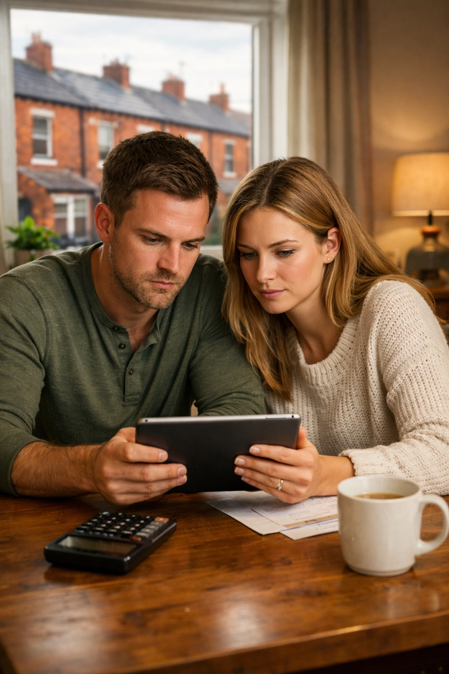 Oldham couple in a modern home calculating their monthly budget following the mortgage rate increase in 2026.