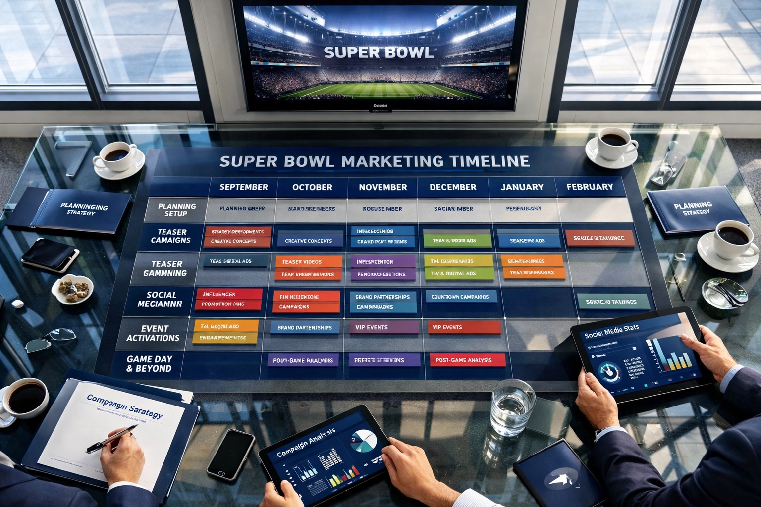 Corporate strategy meeting reviewing multi-week Super Bowl marketing campaign timeline and analytics