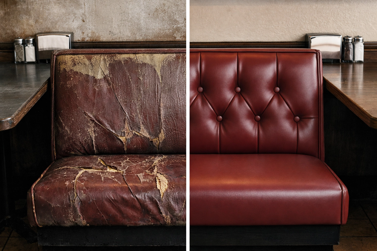 Before and after restaurant booth upholstery repair in Chattanooga showing restoration results