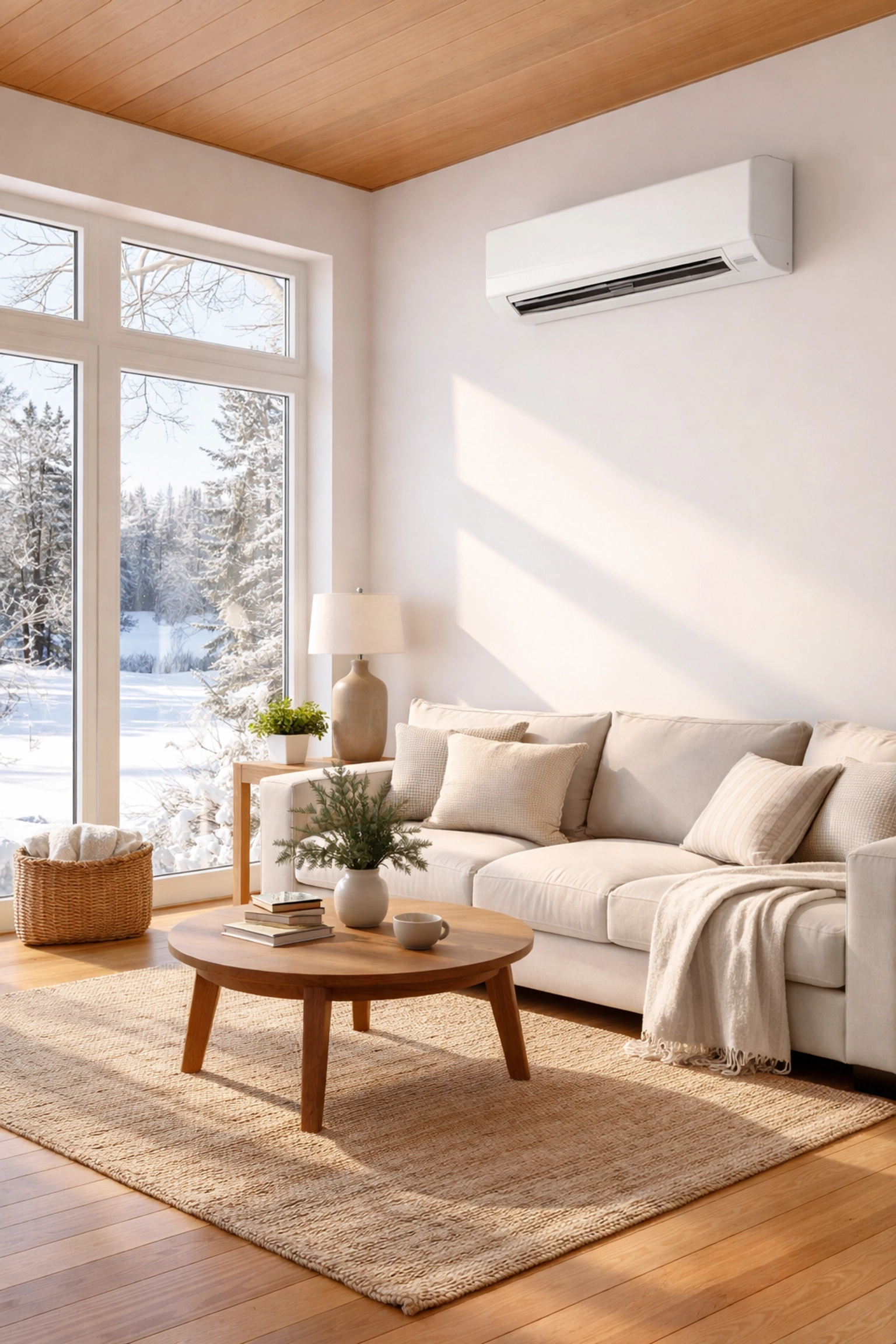 Modern Maine living room with a ductless mini-split heat pump, lowering heating costs in winter