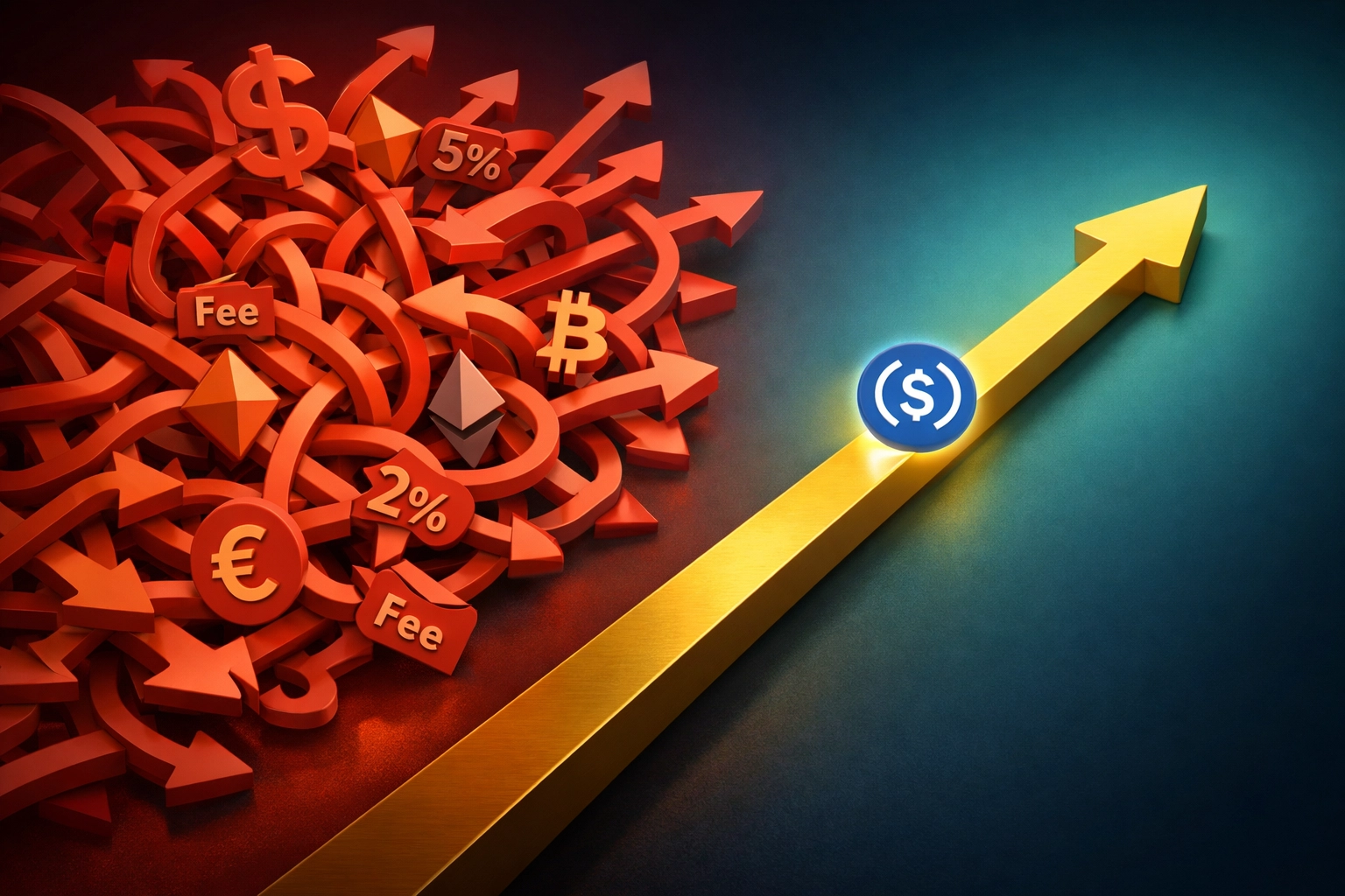 Complex currency conversion maze versus simple stablecoin payment path