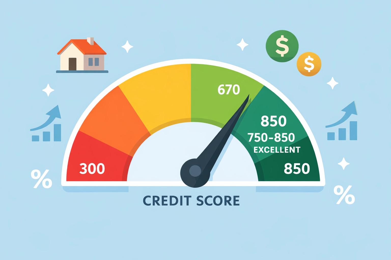 Medidor de credit score mostrando puntaje excelente para comprar casa