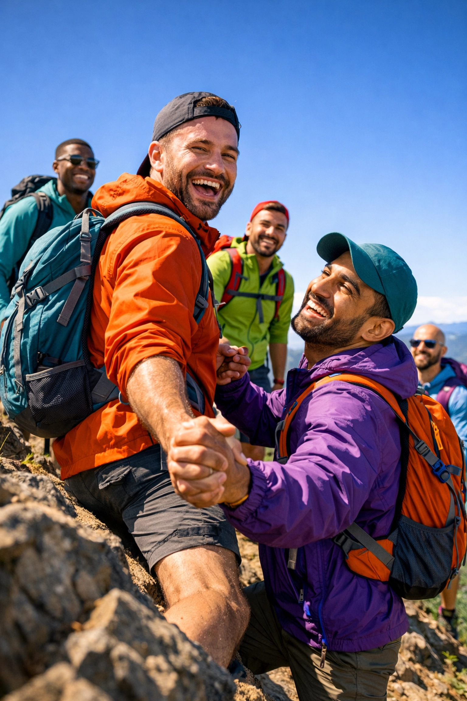 A diverse group of gay and queer men enjoying a group hike on a scenic mountain ridge.