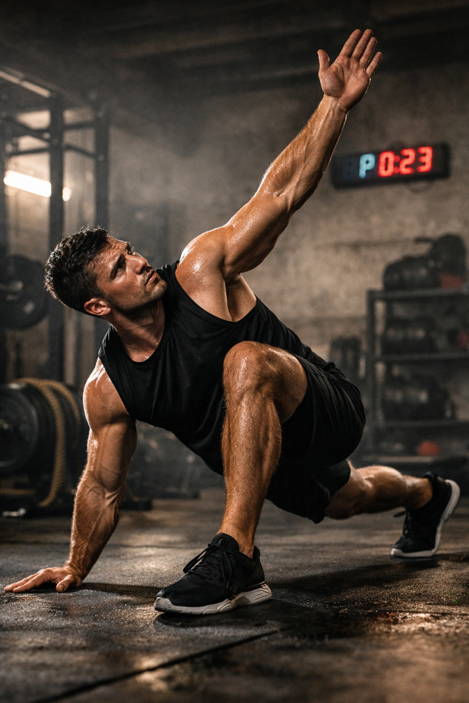 Athlete performing dynamic stretches in a home gym to prepare for resistance training.