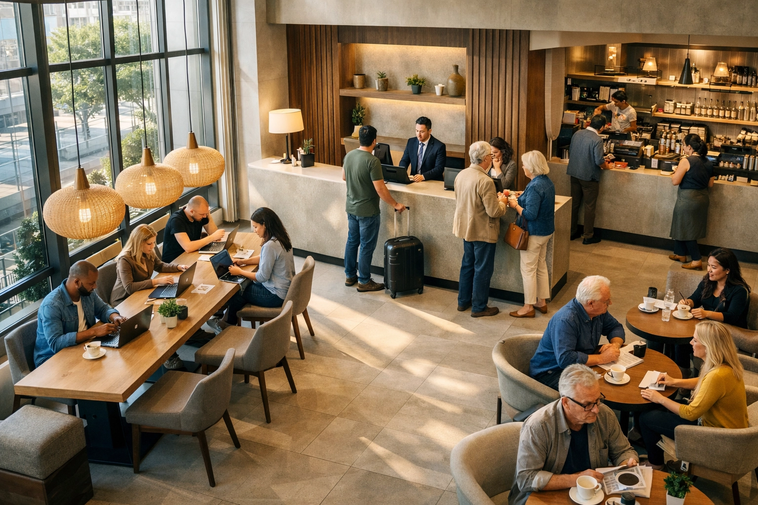 Modern hotel lobby with co-working spaces and café serving multiple purposes
