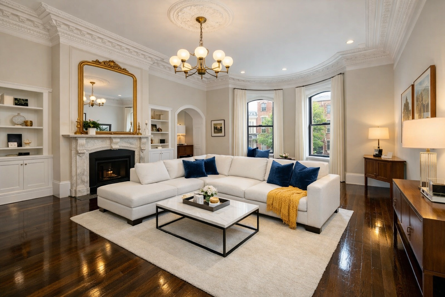 Spotless living room in a historic Boston apartment after a deep professional cleaning.
