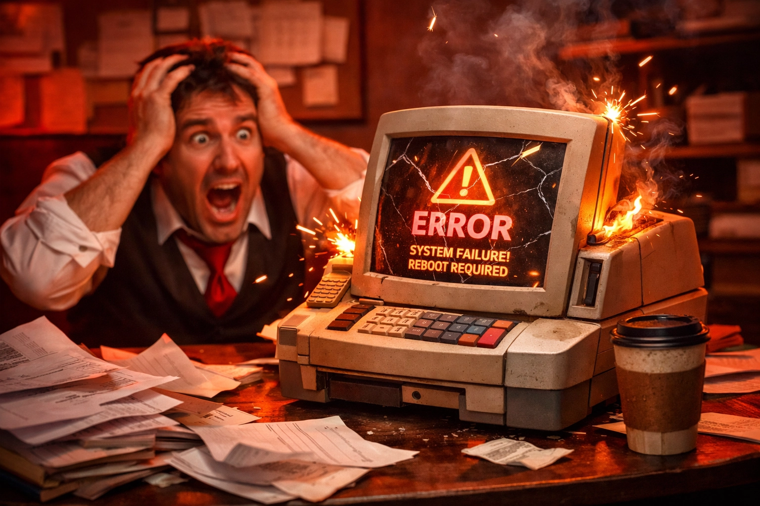 Frustrated restaurant manager dealing with crashing legacy POS system during service