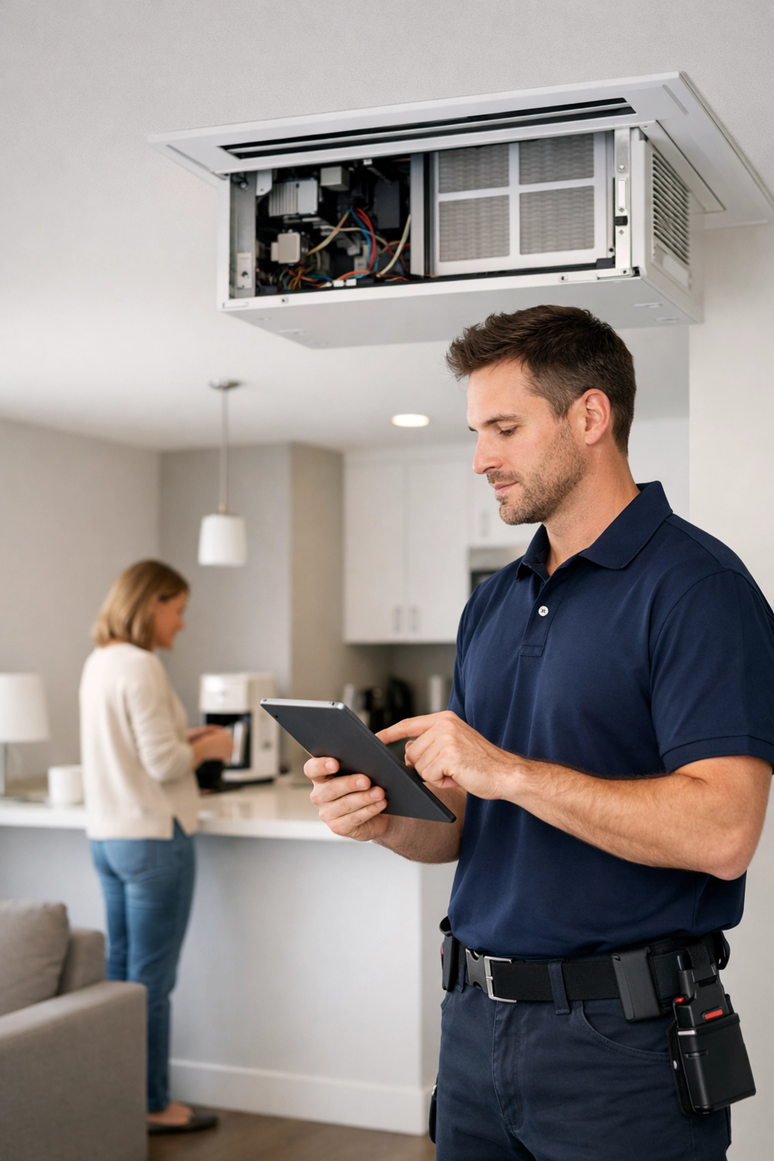 Maintenance technician performing preventive HVAC inspection in occupied apartment unit