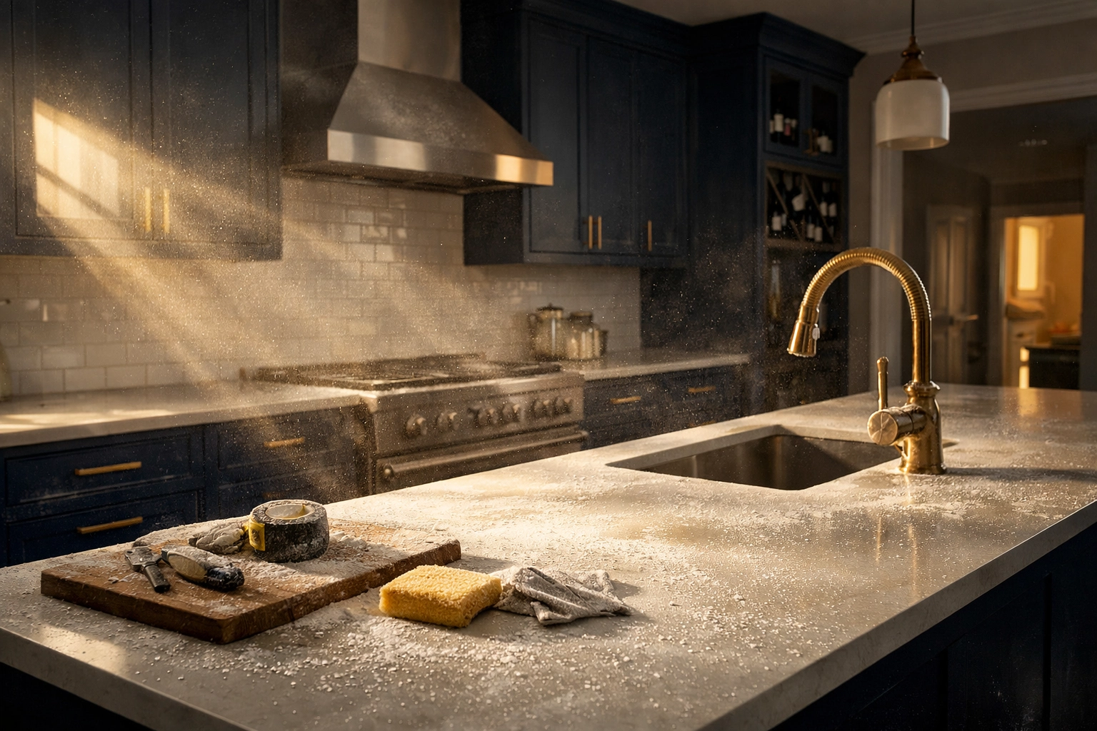 Drywall dust on luxury kitchen cabinets before professional post-construction cleaning MA.