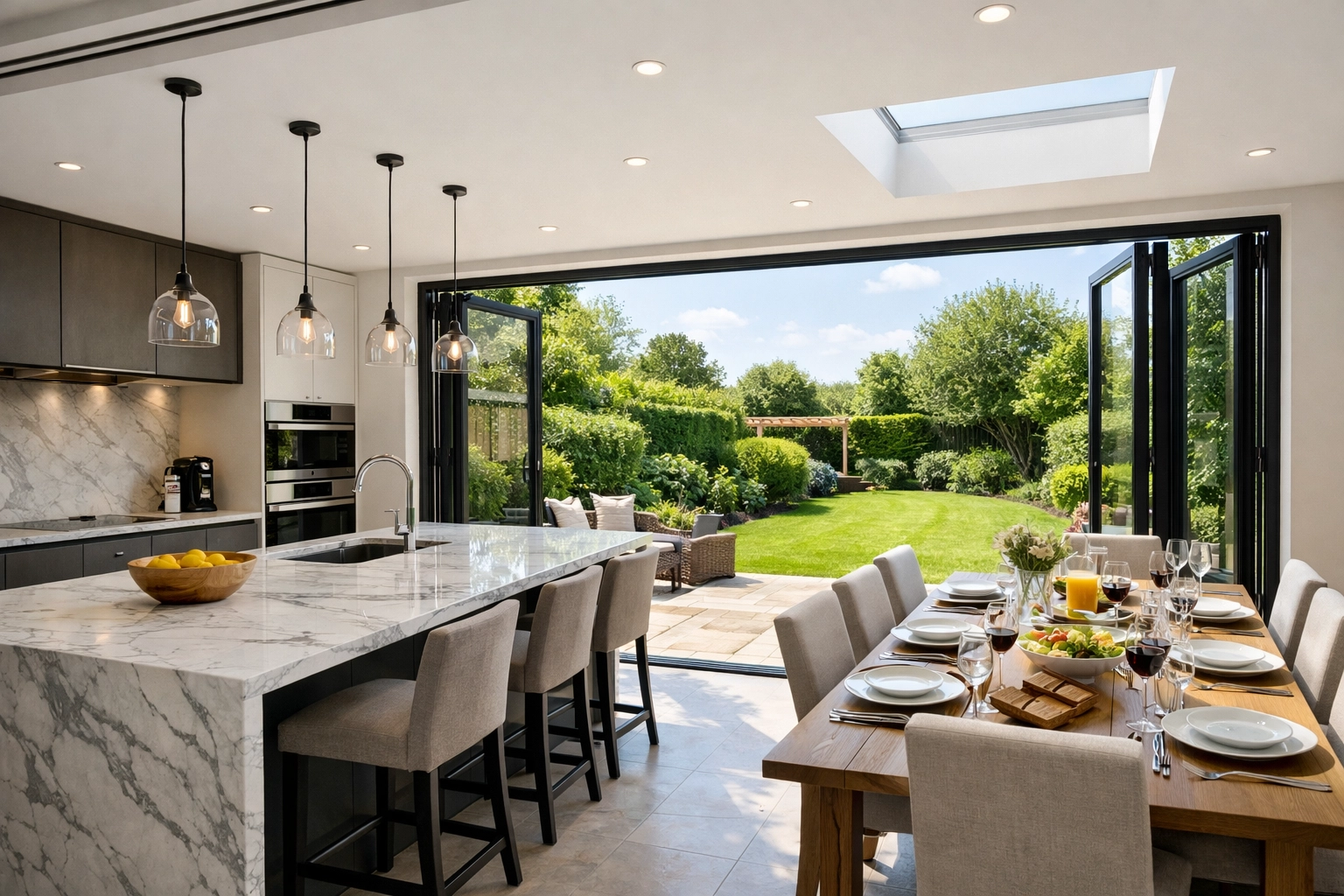 Modern open-plan kitchen extension in Bournemouth with bi-fold doors leading to a landscaped garden patio.