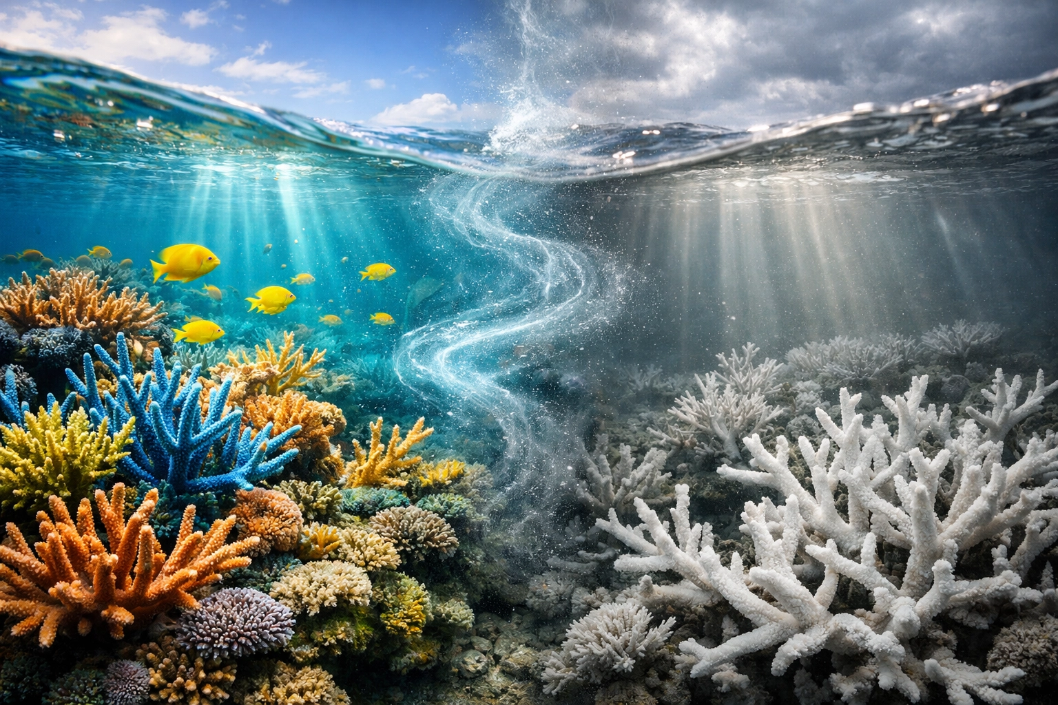 A split view showing a healthy coral reef versus bleached coral damaged by toxic chemical sunscreen ingredients.