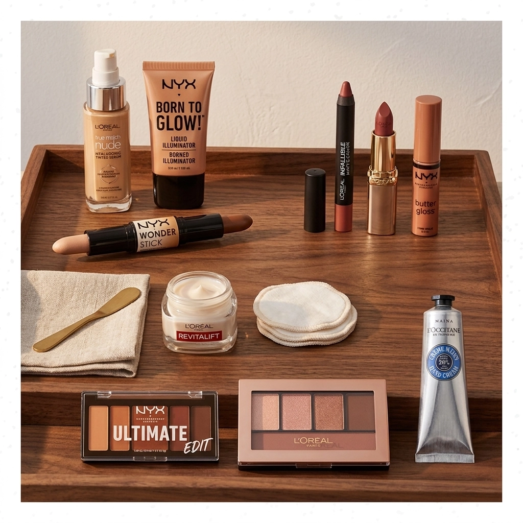A collection of NYX and L'Oreal cosmetics on a warm wooden tray