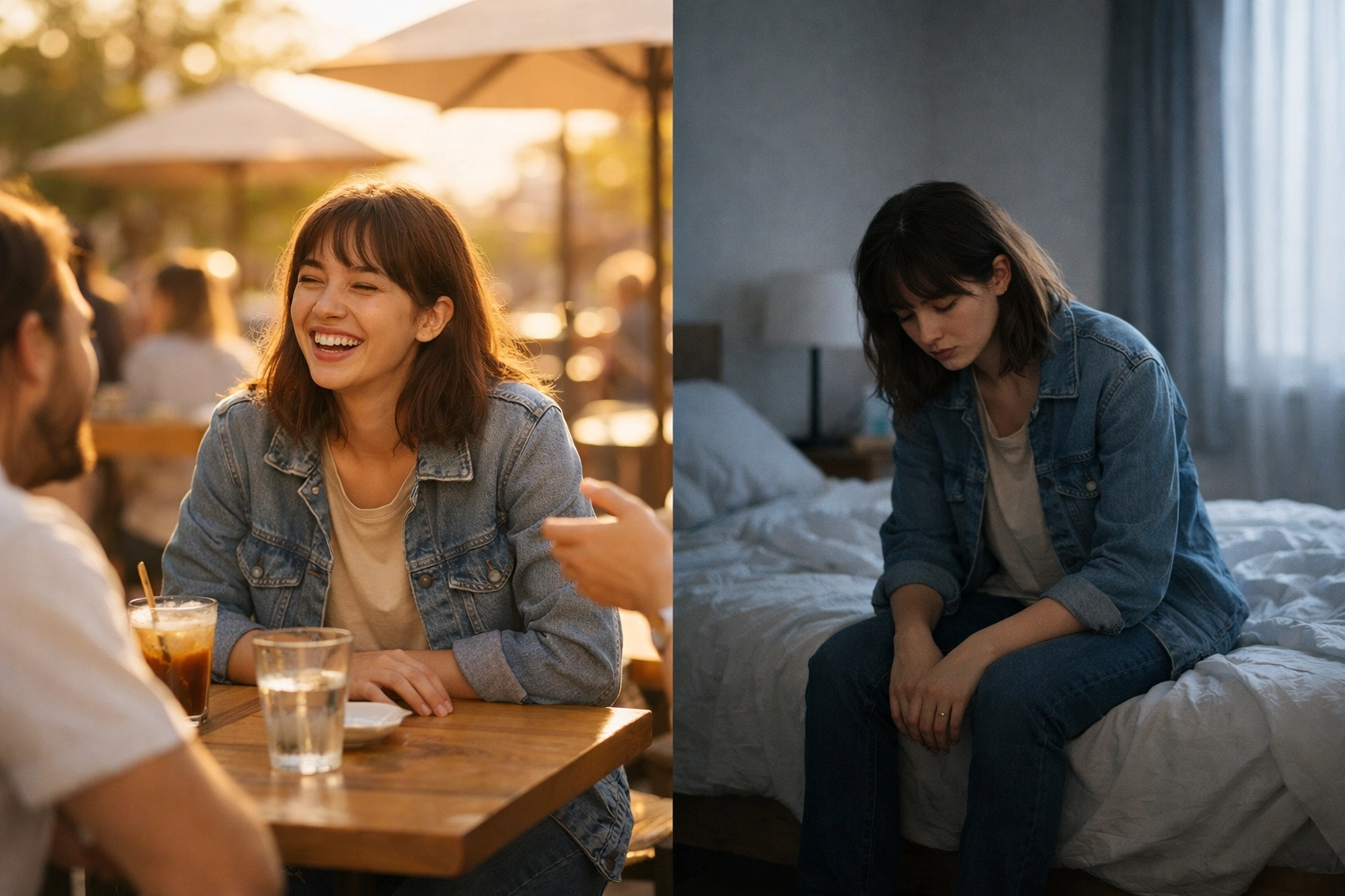 Person enjoying time with friends versus alone in bedroom showing depression vs burnout differences