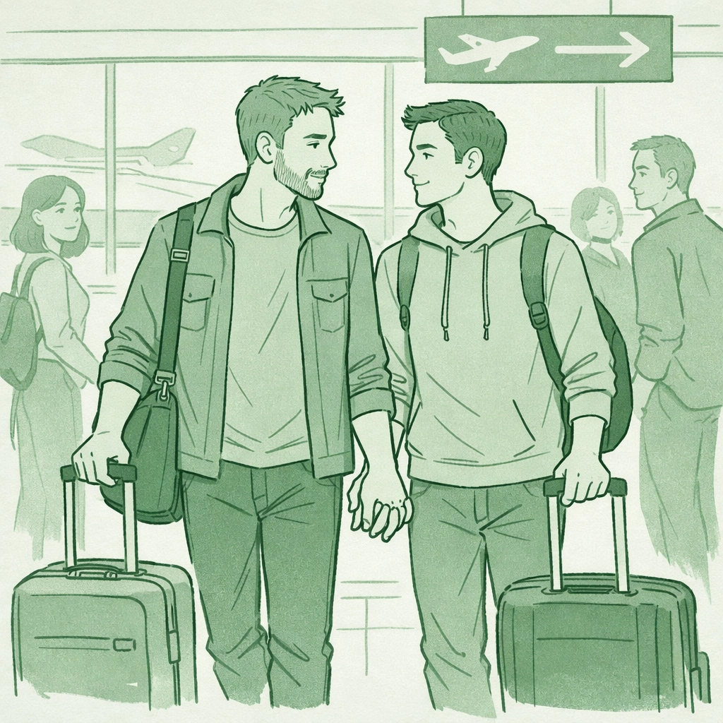 Married gay couple holding hands walking through airport terminal showing wedding rings