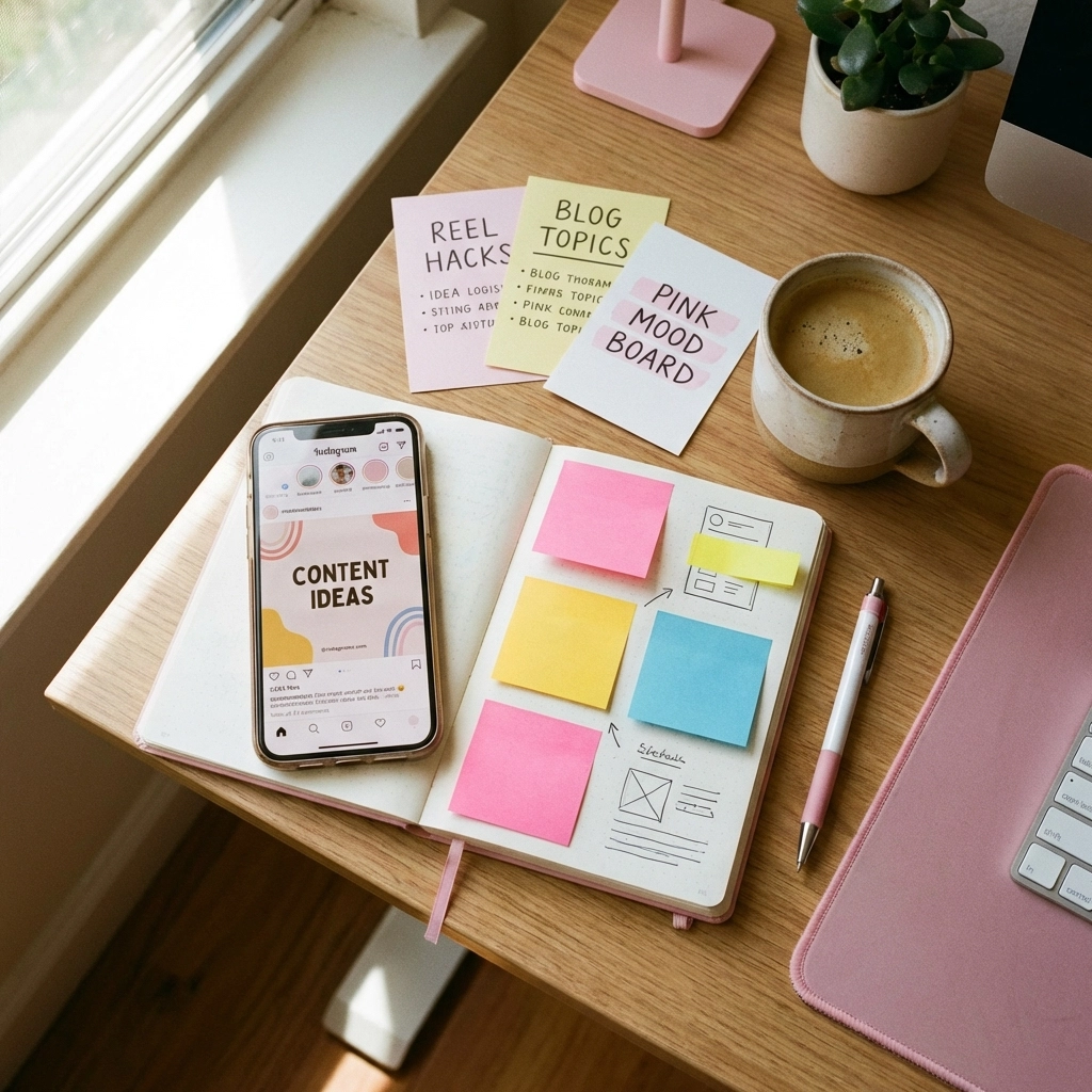Creative workspace with social media planning tools and colorful notes for small business content ideas