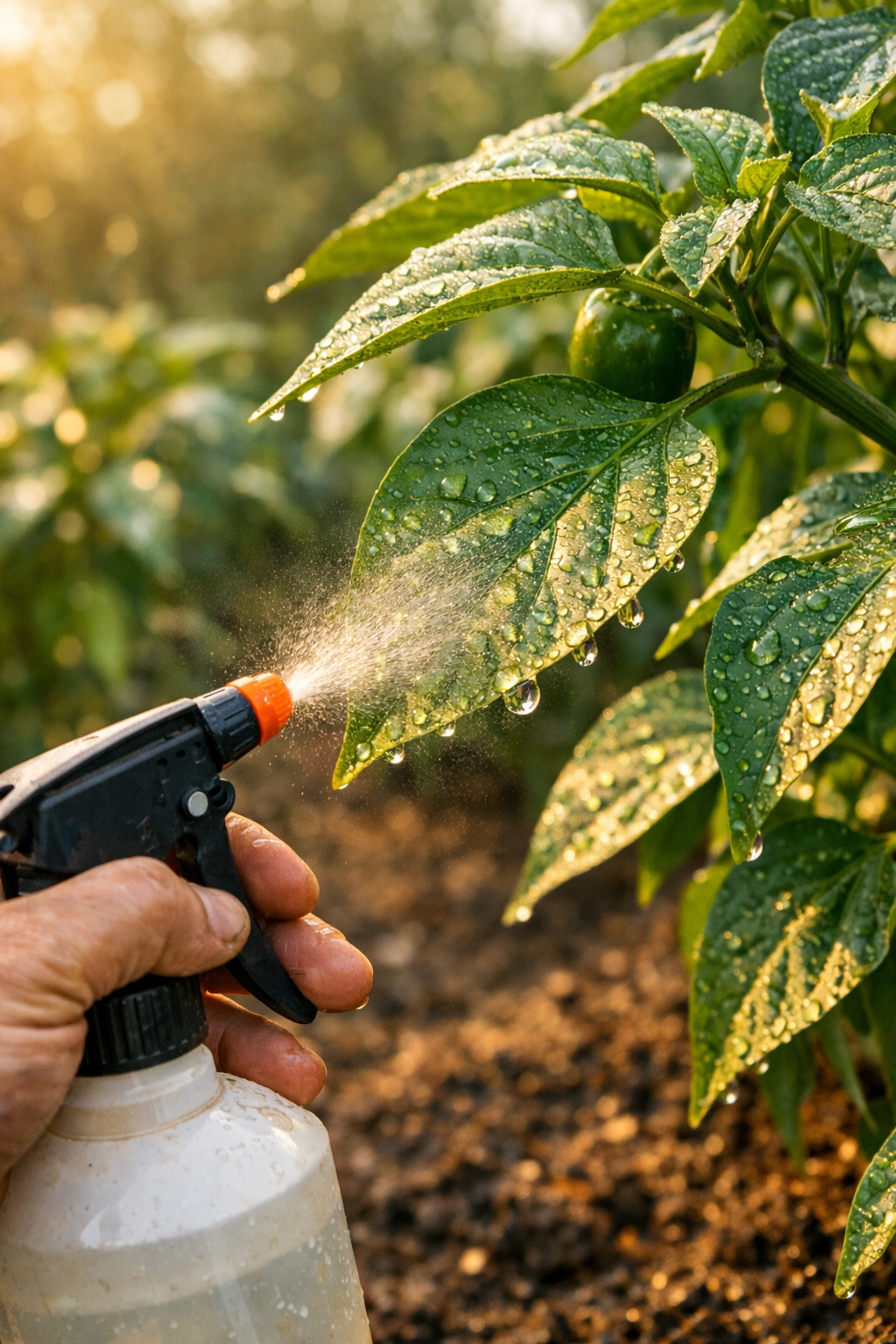 Applying neem oil spray to underside of pepper plant leaves in early morning light
