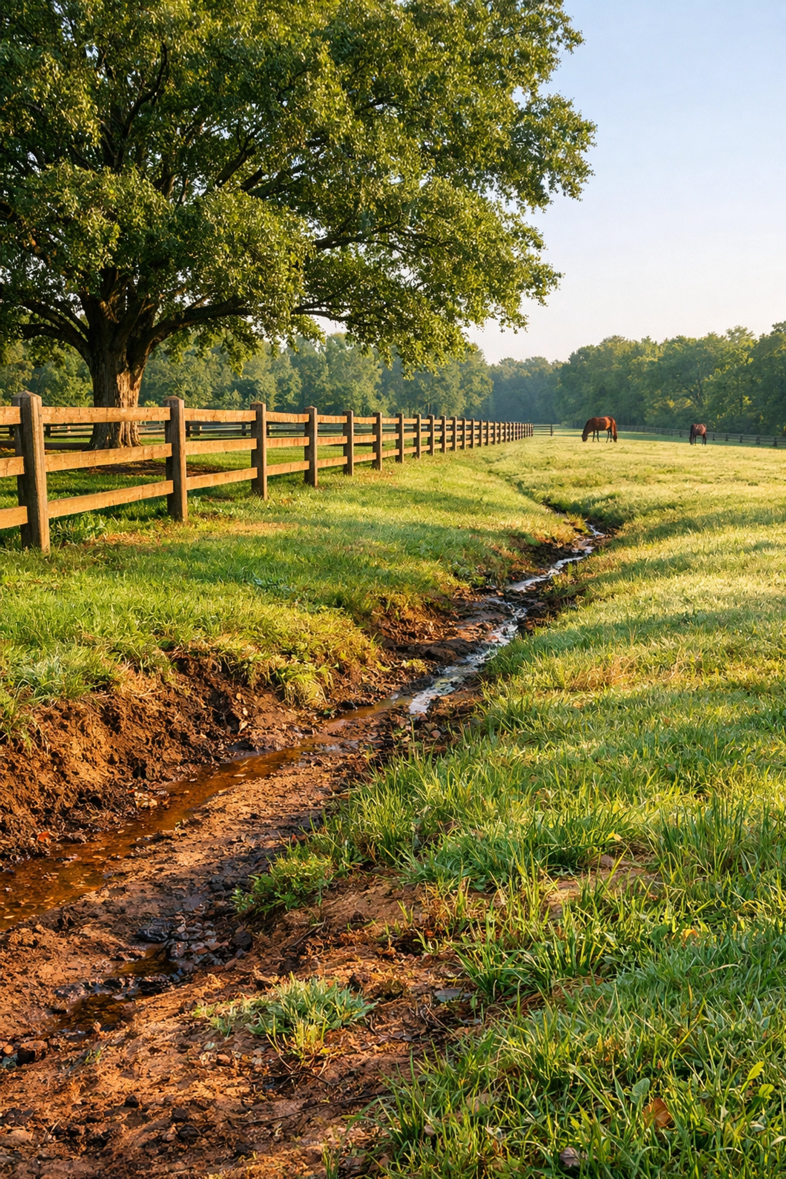 Well-maintained horse pasture with wooden fencing in Waxhaw North Carolina