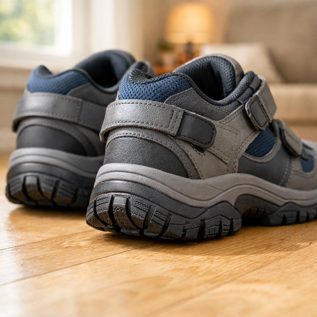 Supportive non-slip walking shoes with firm heel support on a safe hardwood floor.