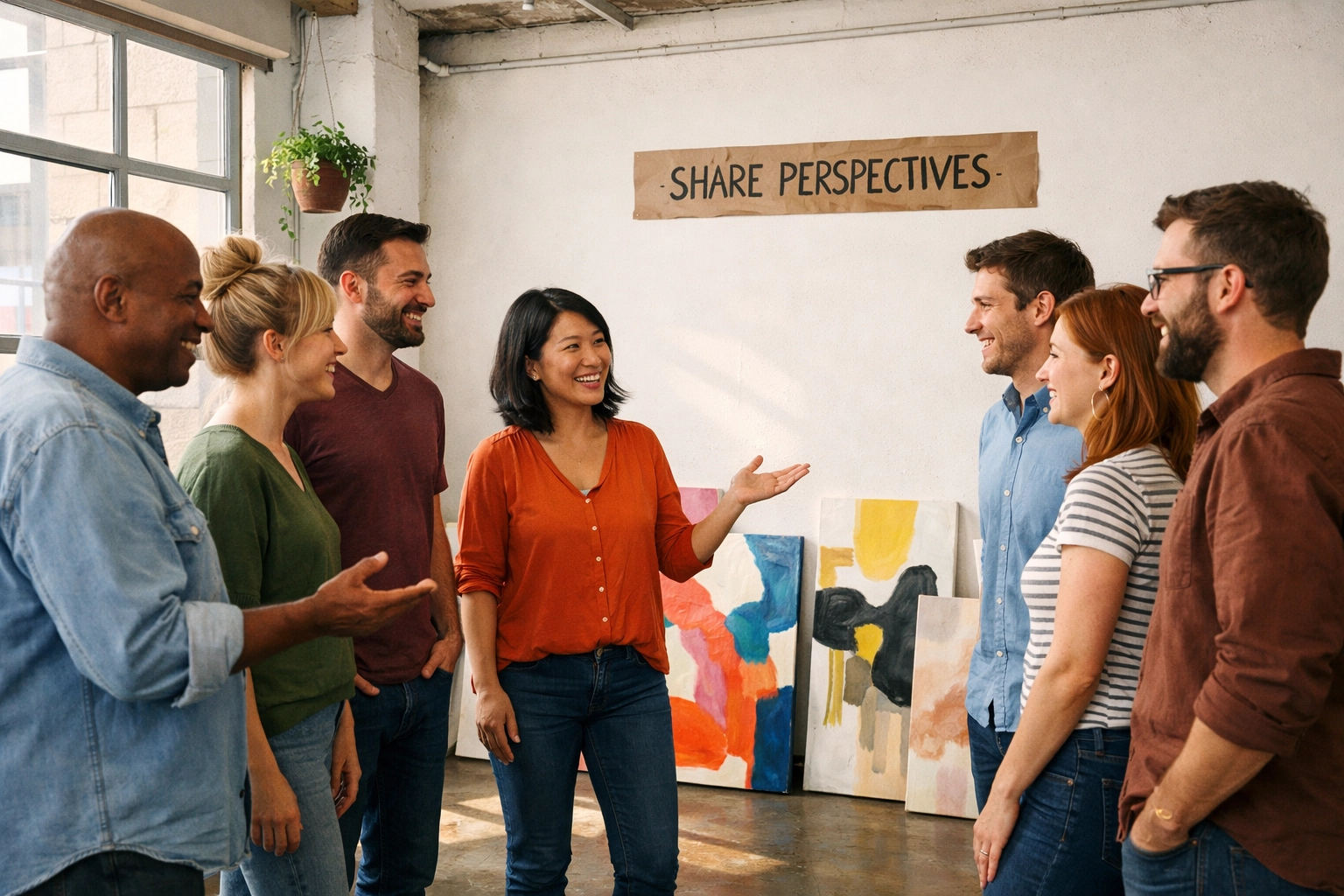 Colleagues connecting and sharing perspectives through art in a minimalist corporate culture session.