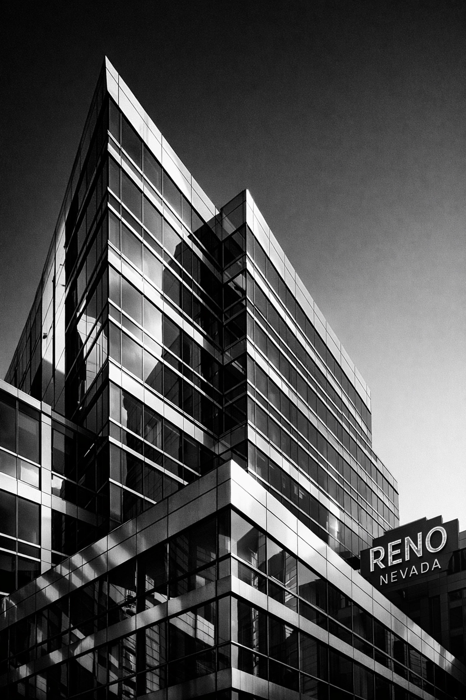 Fine art black and white architectural photograph of a modern building in Reno, Nevada, with sharp contrast.