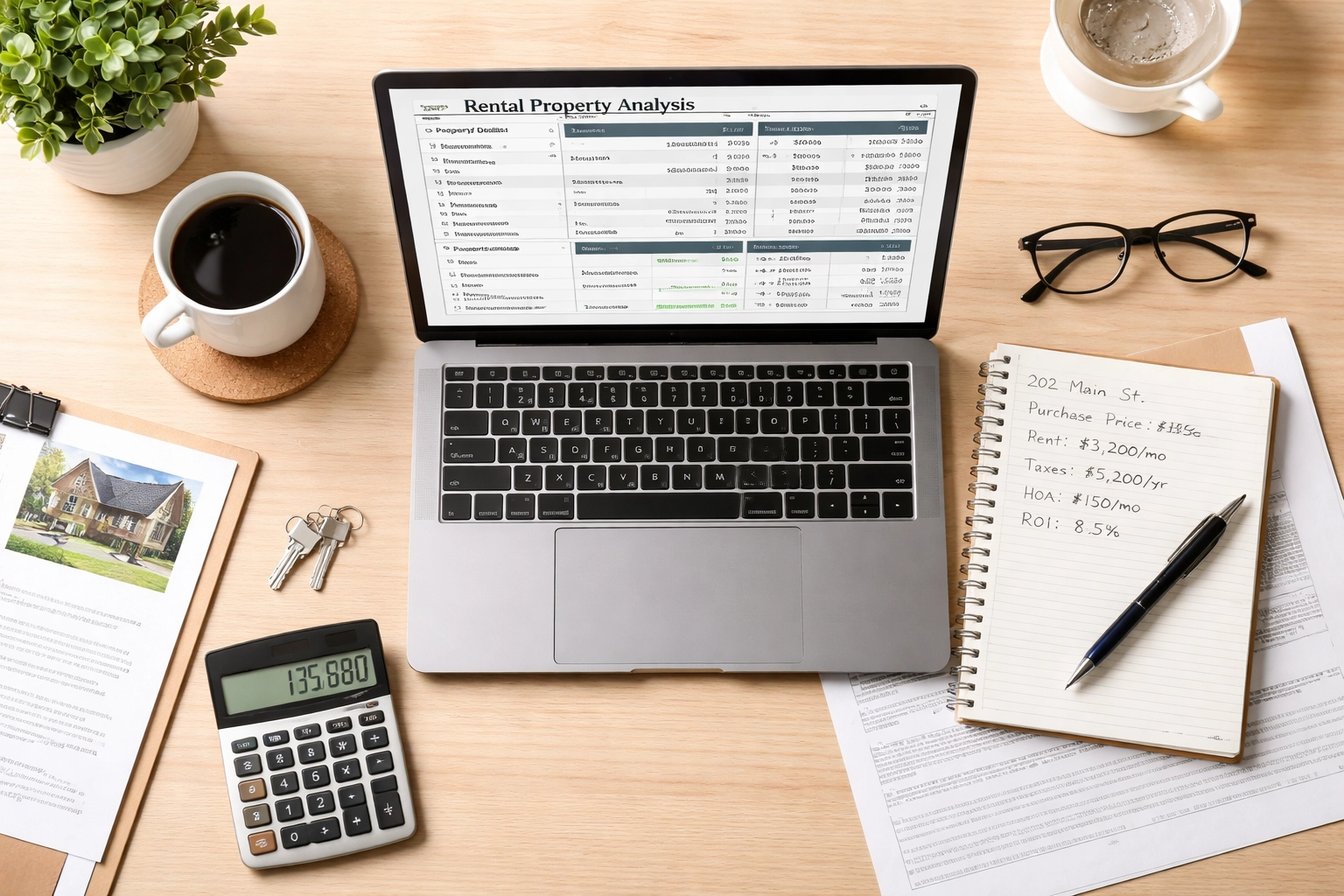 Photorealistic flat-lay of an investor’s desk with a laptop showing a deal analysis spreadsheet, calculator, notepad, and real estate paperwork
